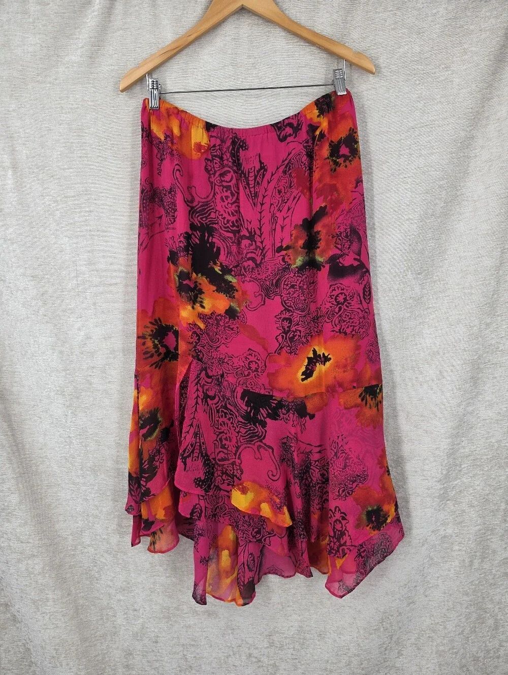 Y2K Silk Women’s Pink Floral Ruffled Teired Asymmetrical Midi Skirt By Chico's